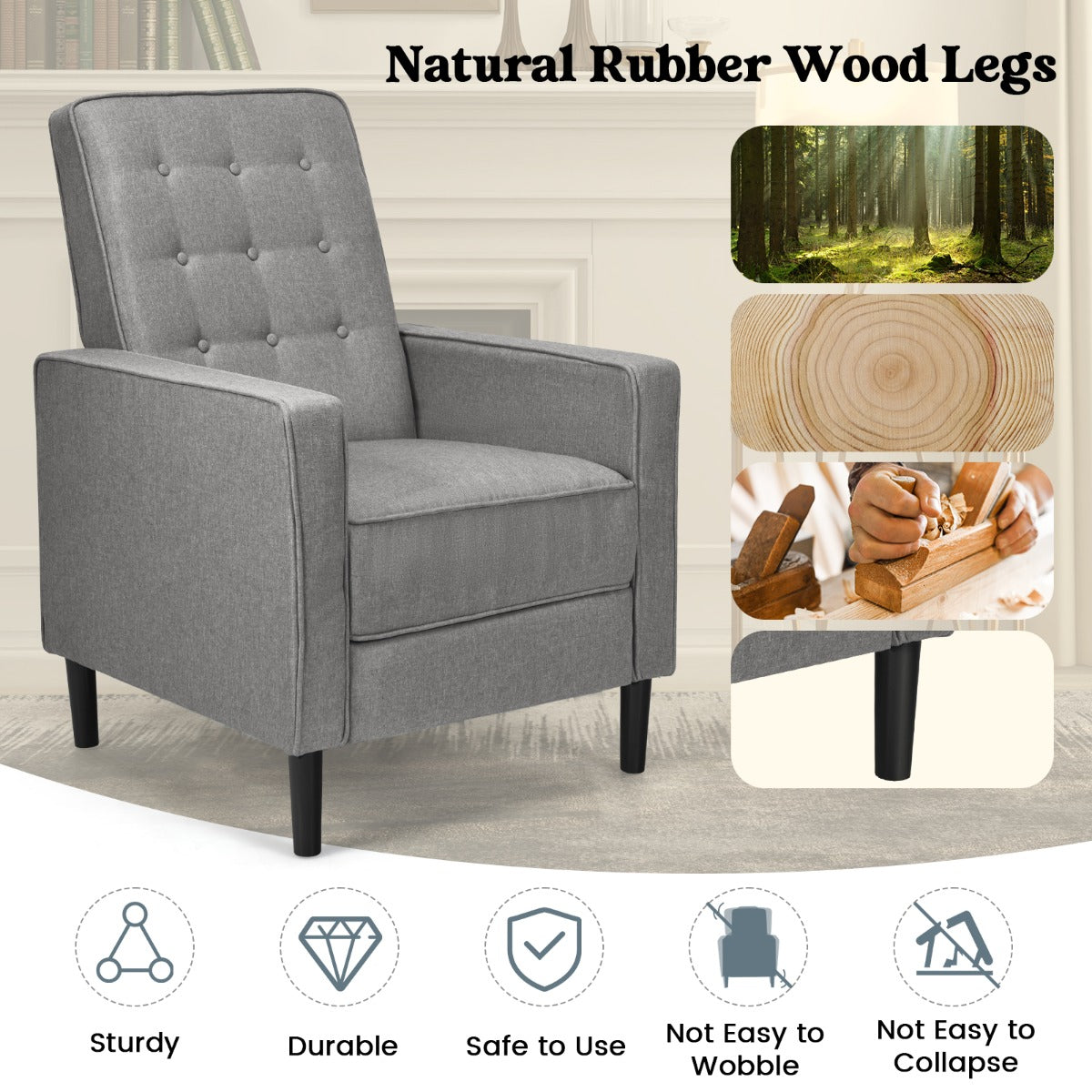 3-Position Adjustable Sofa Chair Leisure Seat with Extendable Footrest-Grey