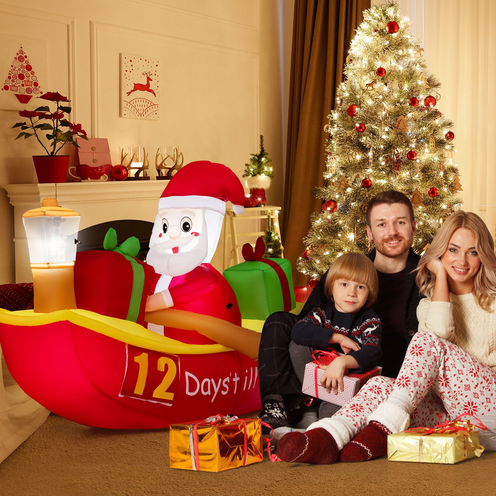 7 FT Christmas Inflatables Santa Claus Rowing Boat with Navigation Light