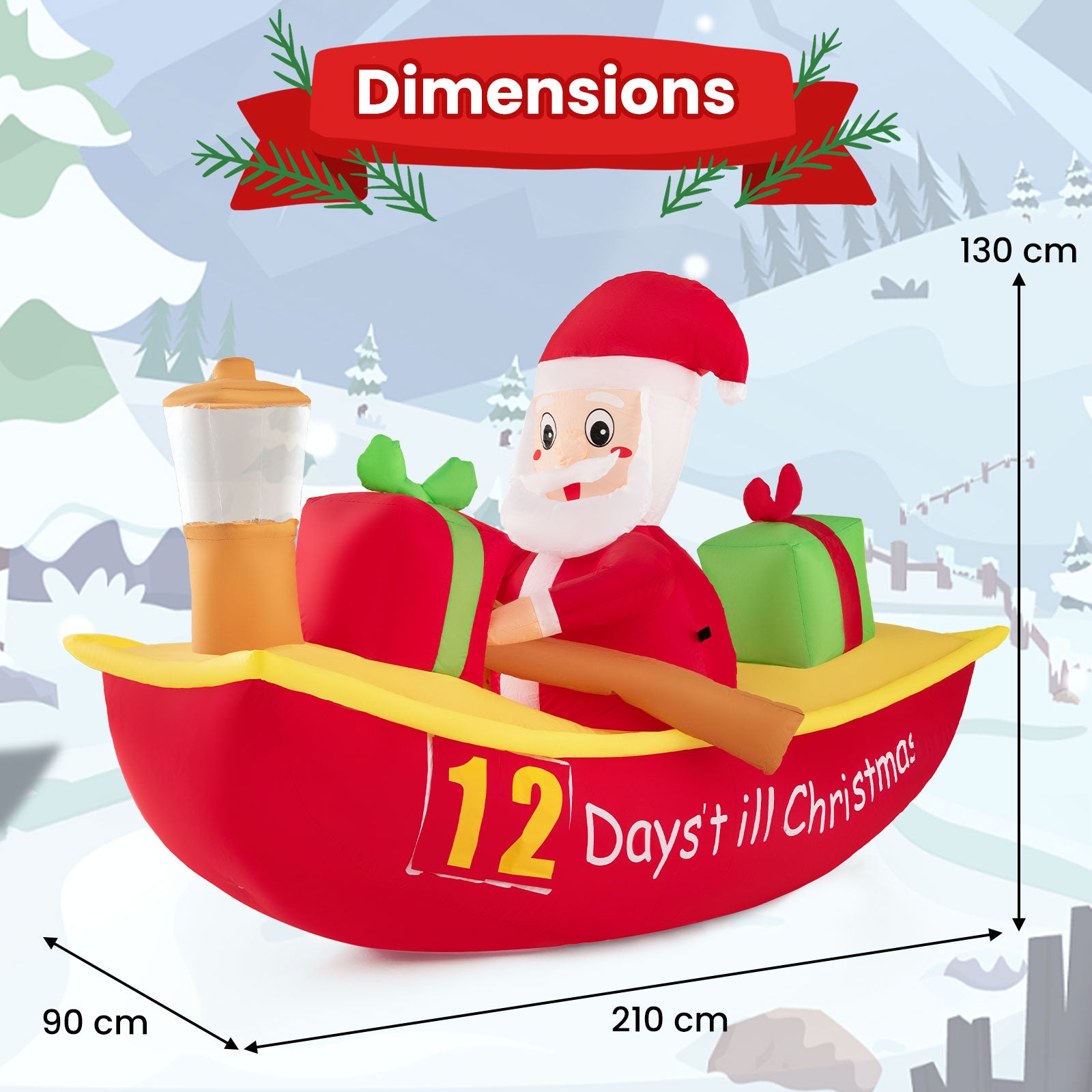 7 FT Christmas Inflatables Santa Claus Rowing Boat with Navigation Light