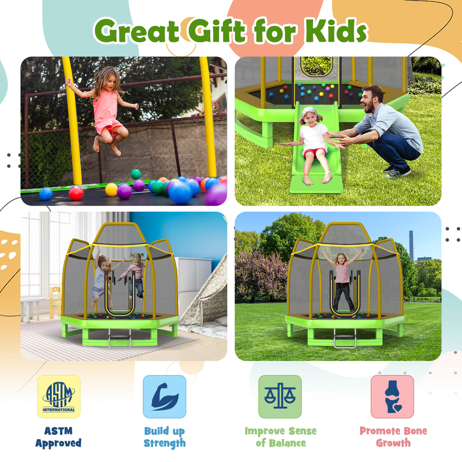 7 Feet Hexagonal Trampoline with Slide and Safety Enclosure Net-Green