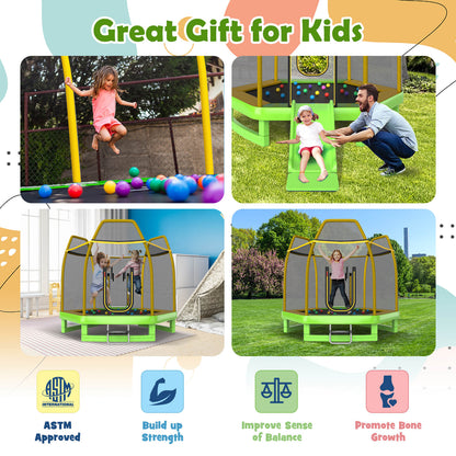 7 Feet Hexagonal Trampoline with Slide and Safety Enclosure Net-Green