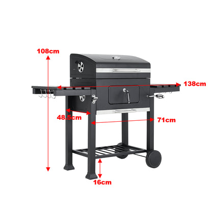 Mobile 2-layer Charcoal Grill BBQ Cooker with Side Shelves