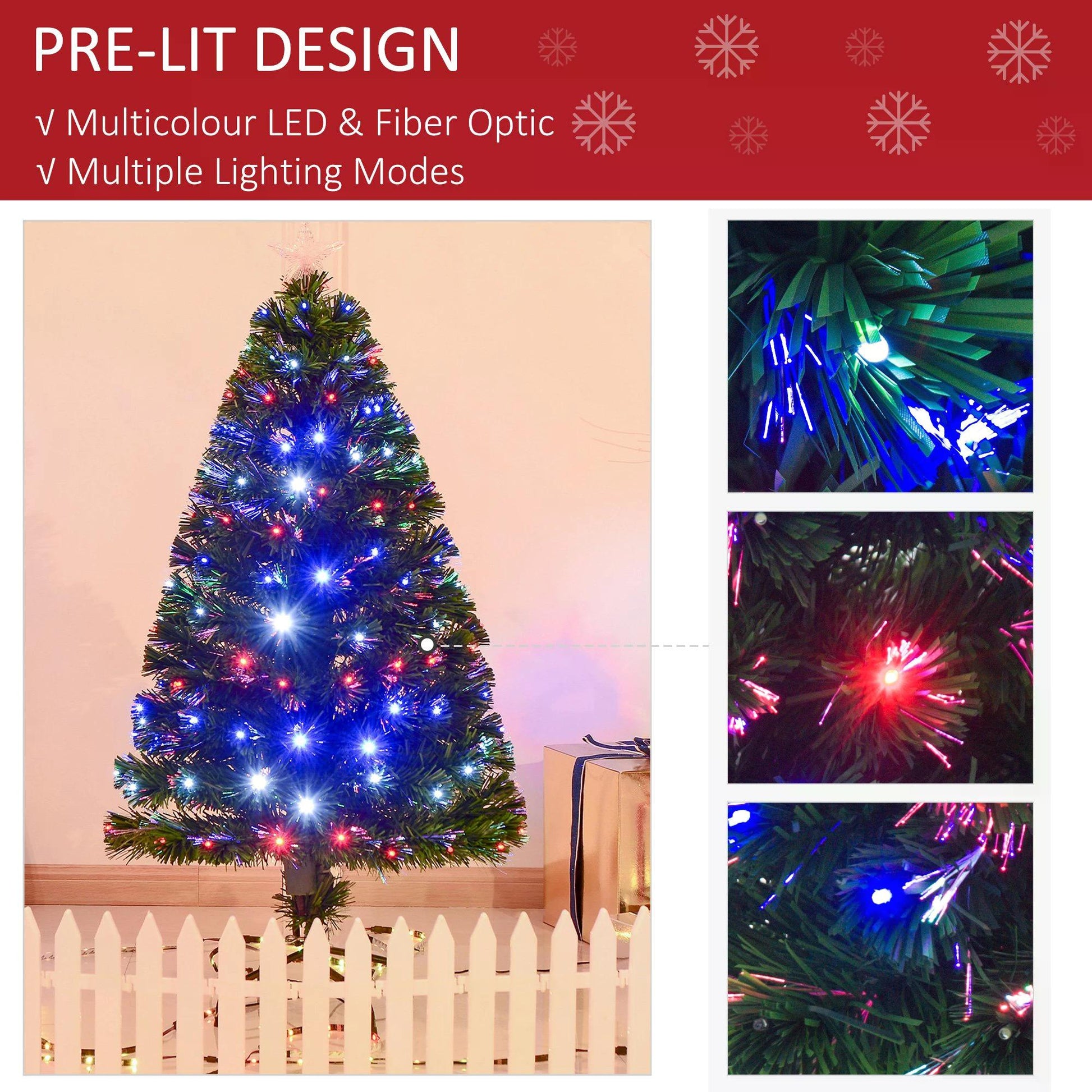 HOMCOM 4ft Pre Lit Christmas Tree Artificial Tree with Multi-Coloured Fiber Optic LED Light(4ft (120cm))