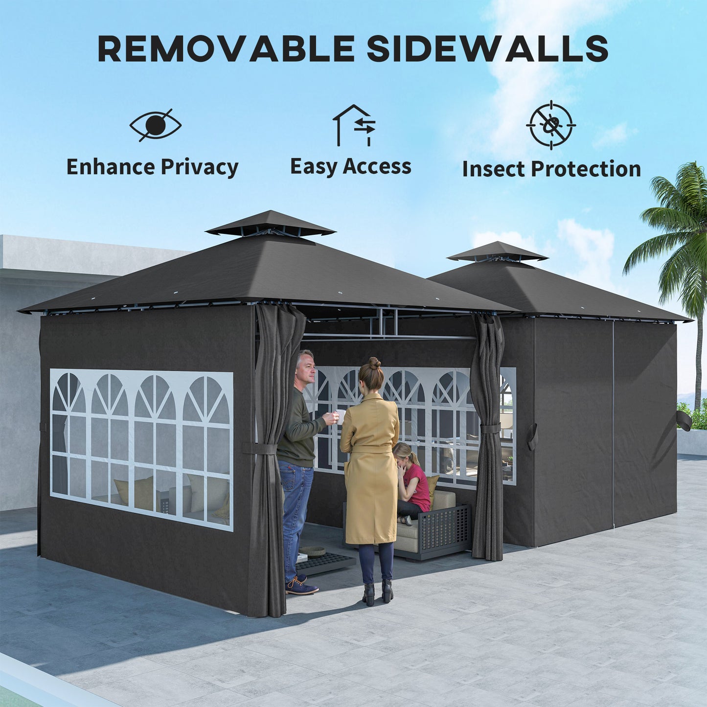 Outsunny 3 x 3 m Garden Gazebo, Double Roof Metal Gazebo with Removable Sidewalls and Church Windows, Outdoor Canopy Shelter, Dark Grey