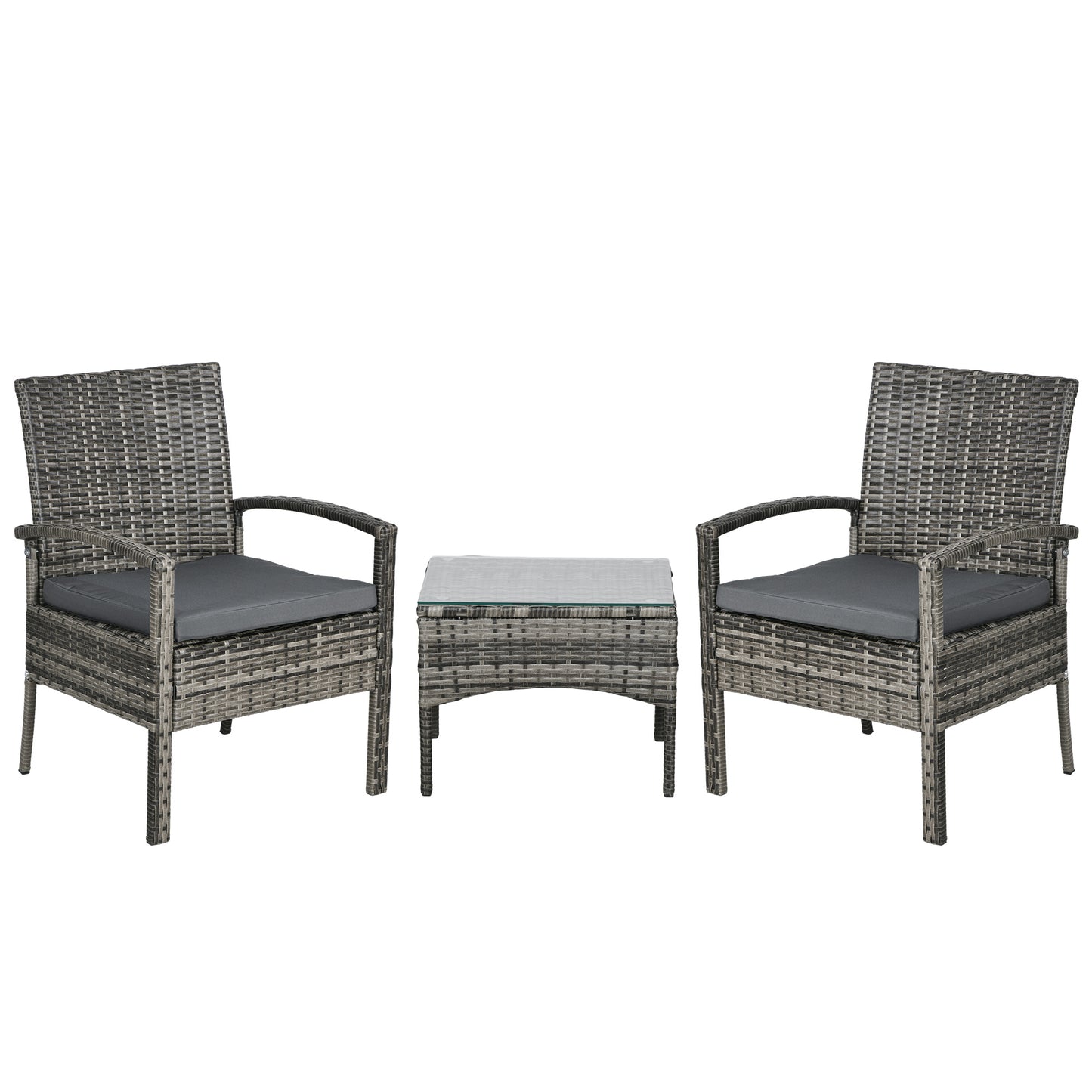 Outsunny 3 Pieces Rattan Bistro Set, Wicker Garden Furniture Set with Glass Top Coffee Table and Chairs, Washable Cushions for Outdoor, Patio, Balcony, Mixed Grey