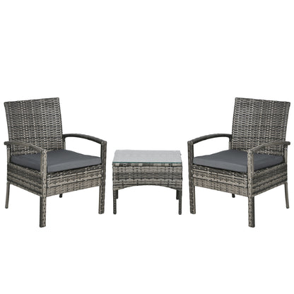 Outsunny 3 Pieces Rattan Bistro Set, Wicker Garden Furniture Set with Glass Top Coffee Table and Chairs, Washable Cushions for Outdoor, Patio, Balcony, Mixed Grey