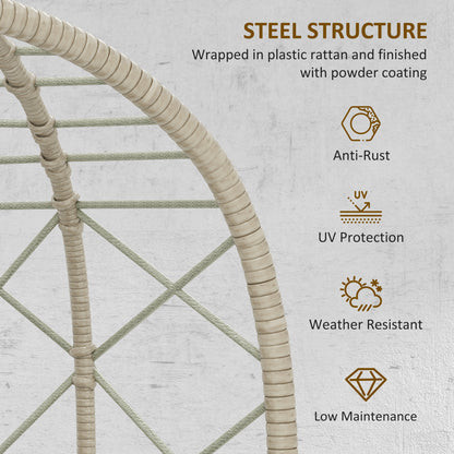 Outsunny Rattan Egg Chair Outdoor Indoor Wicker Chair with Thickened Cushion and Headrest, Standing Garden Egg Chair with Cup Holder, Metal Frame for Patio, Balcony, Grey