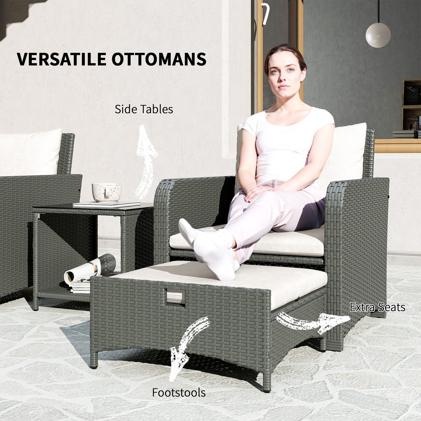 Outsunny Five Piece Rattan Garden Furniture Set with 2-Tier Coffee Table and Ottomans  - Cream White