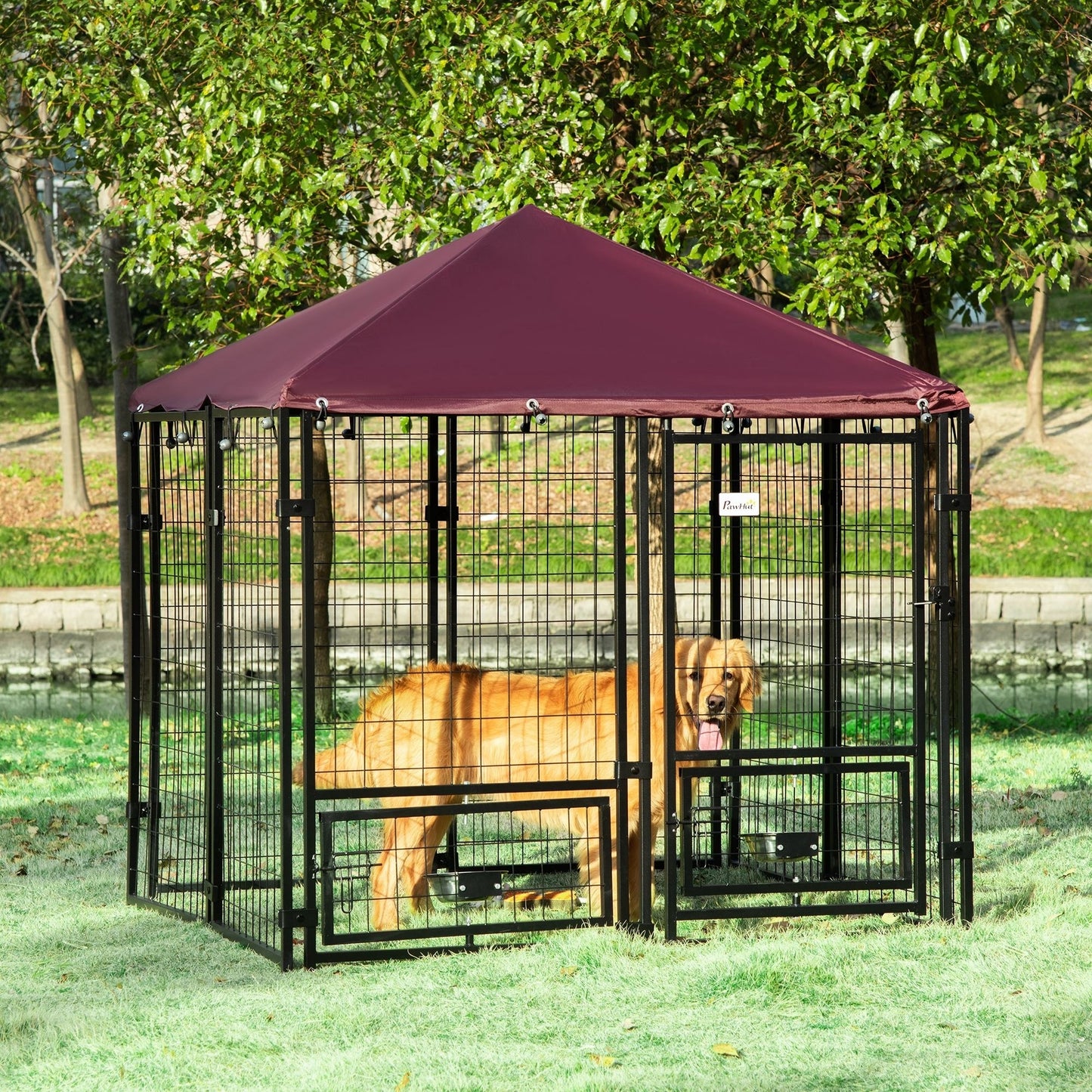 PawHut Outdoor Dog Kennel with Rotating Bowl Holders, Water and UV-Resistant Cover, for Medium, Small Dogs, Red