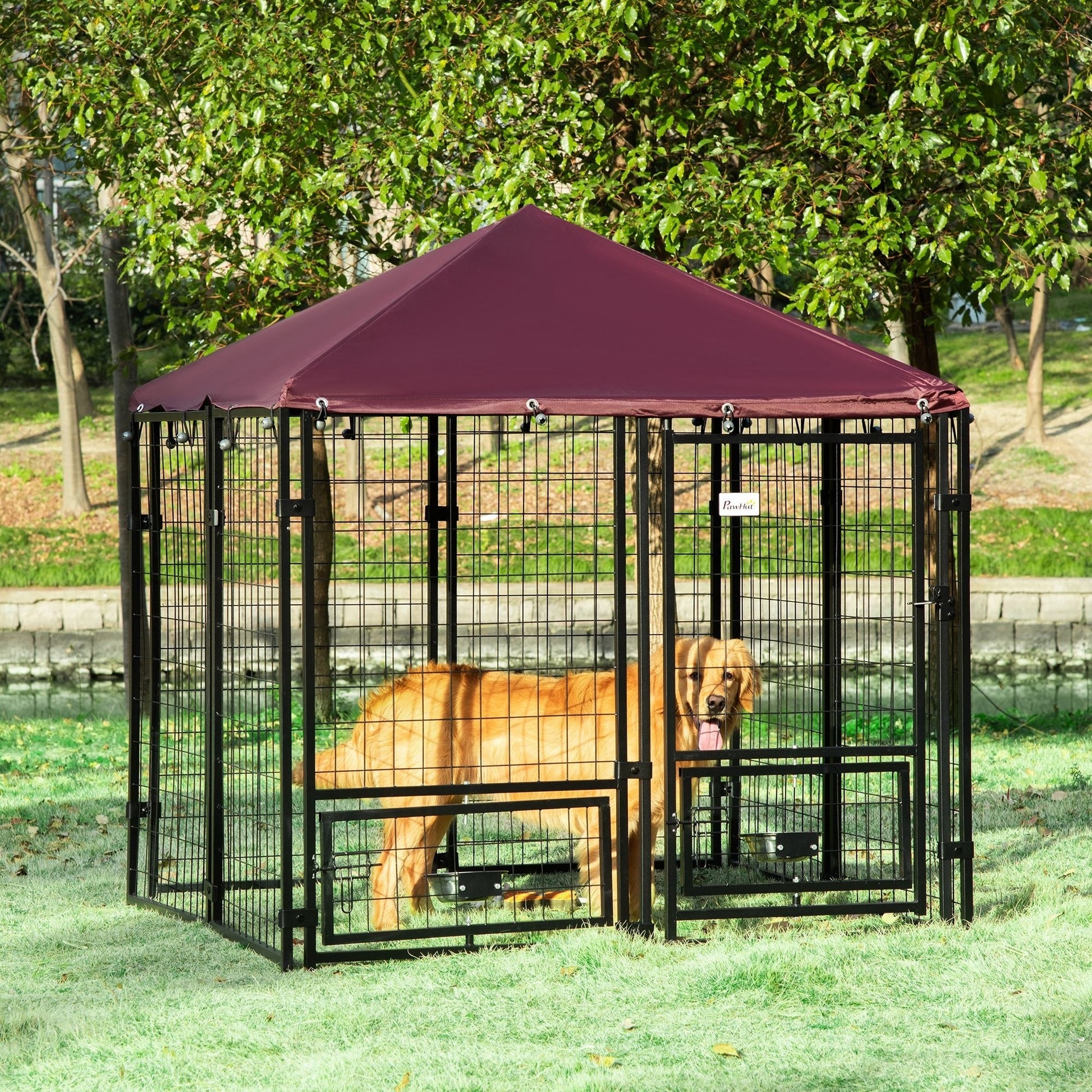 PawHut Outdoor Dog Kennel with Rotating Bowl Holders, Water and UV-Resistant Cover, for Medium, Small Dogs, Red