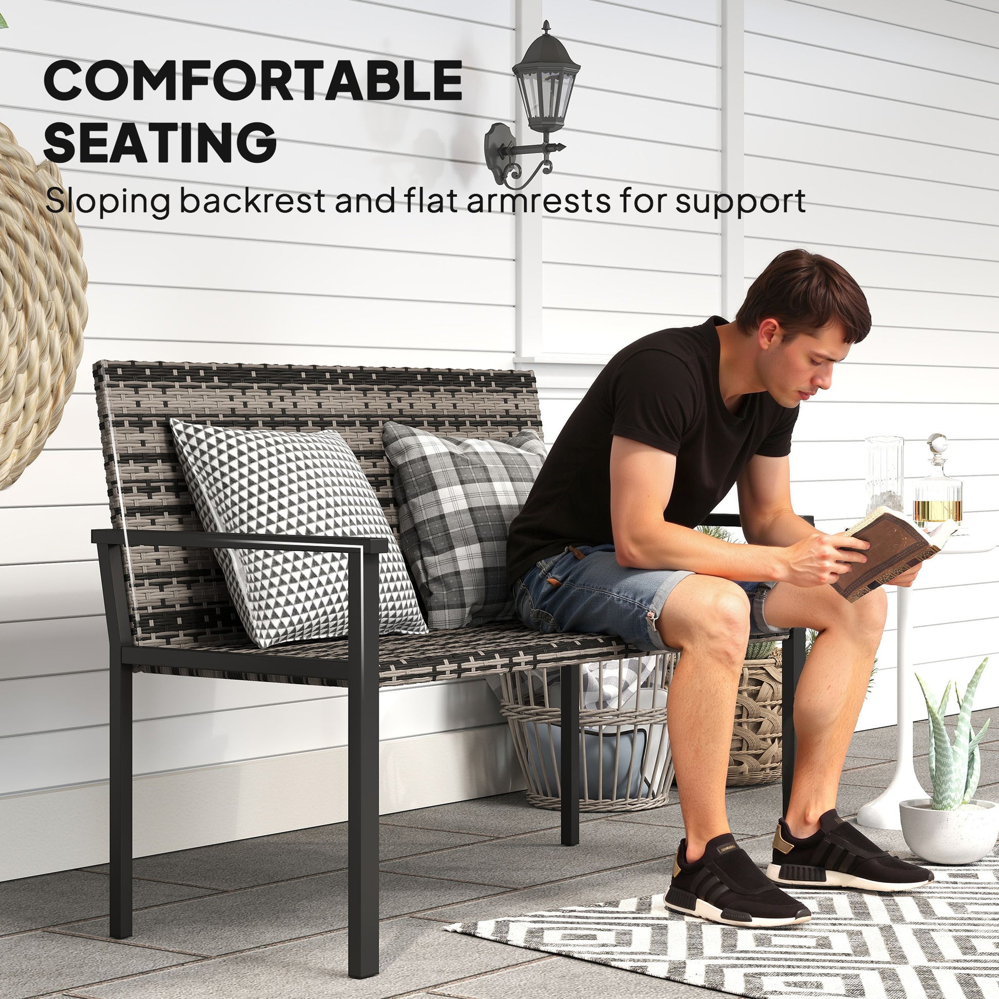 Outsunny 2 Seater Rattan Garden Bench, Outdoor Bench with Quick-Drying Cotton Padding, Wicker Garden Loveseat with Armrests, Steel Frame for Patio, Park, Mixed Grey