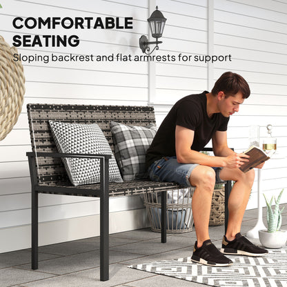 Outsunny 2 Seater Rattan Garden Bench, Outdoor Bench with Quick-Drying Cotton Padding, Wicker Garden Loveseat with Armrests, Steel Frame for Patio, Park, Mixed Grey