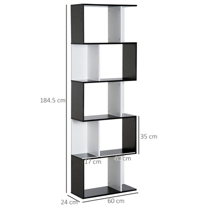 HOMCOM 5-tier Bookcase Storage Display Shelving S Shape design Unit Divider Black