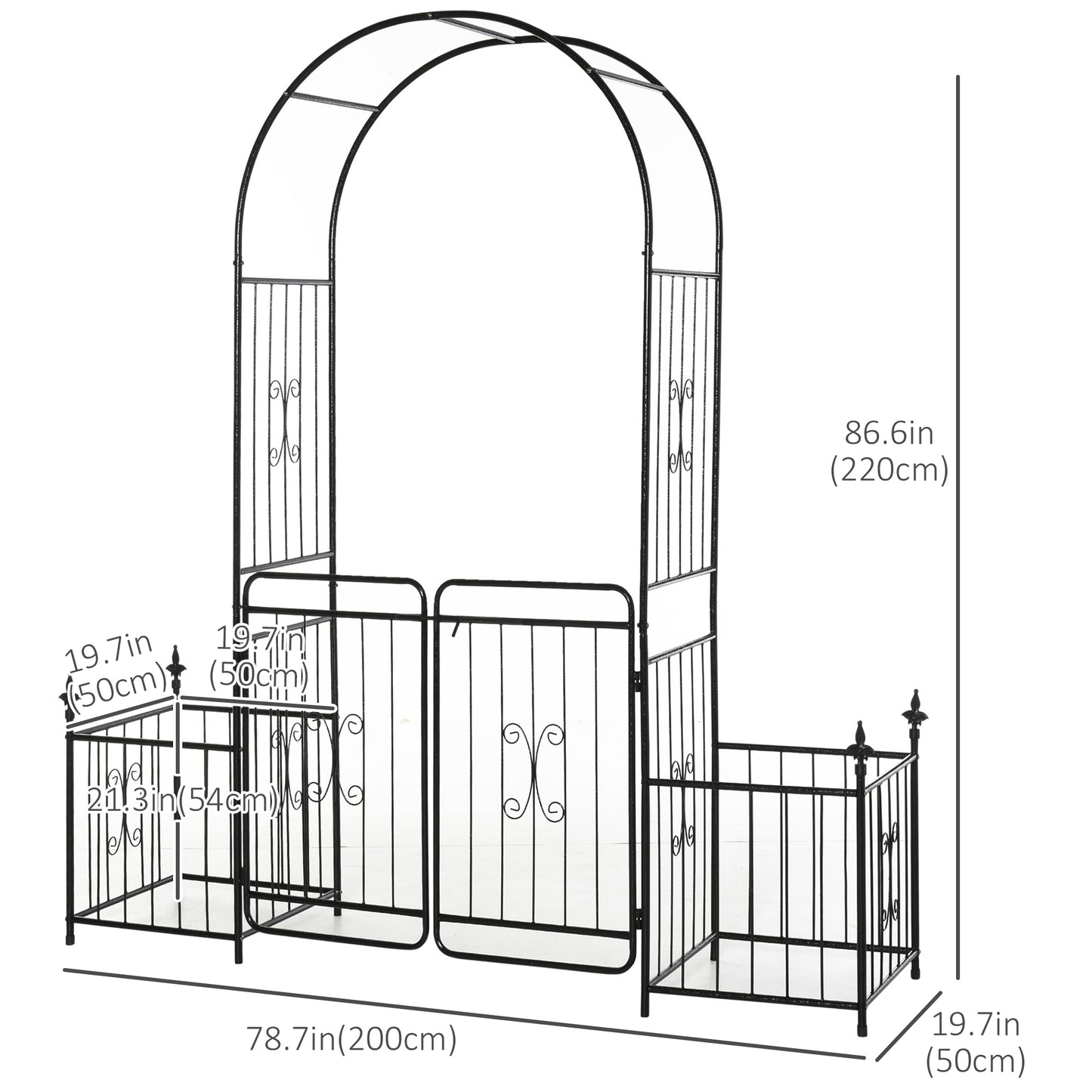 Outsunny Metal Garden Arbor Arch with Double Doors, 2 Side Planter Baskets, Climbing Vine Frame, Black