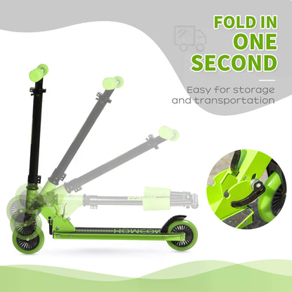 HOMCOM Scooter for Kids Toddler Foldable Kick Scooter with Adjustable Height Brake for Boys and Girls 3-8 Years Aluminium Green