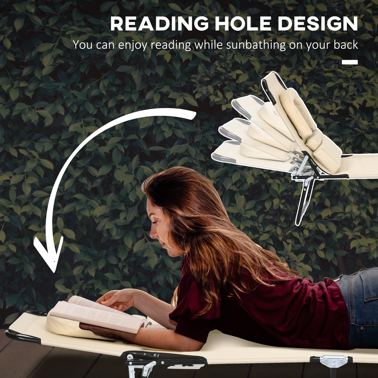 Outsunny Outdoor Folding Sun Lounger Set of 2 with Face Hole, 4 Level Adjustable Backrest Reclining Garden Lounger, Garden Recliner Sunbed with 600 D Oxford Cloth Seat and Pillow for Beach, Sand