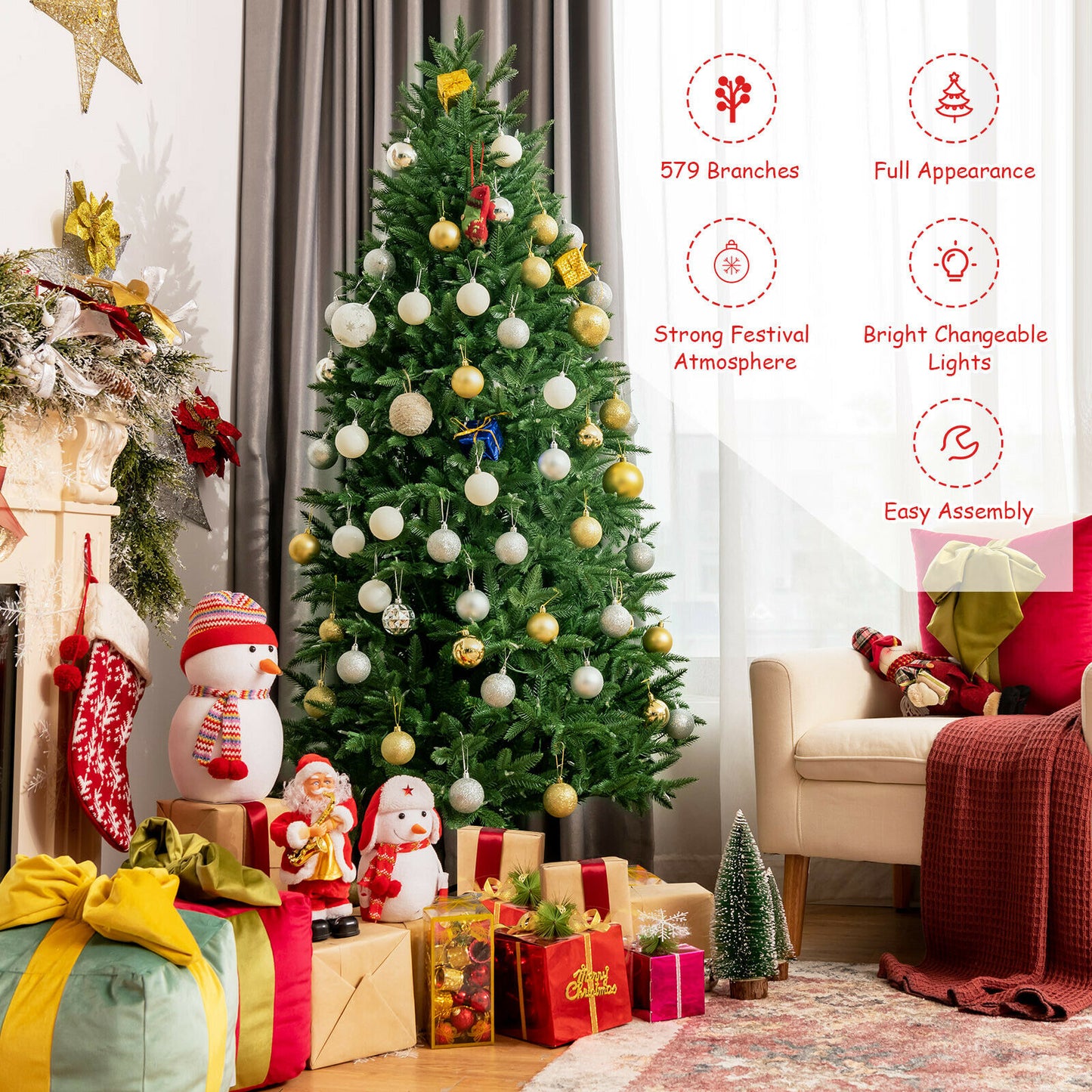 6ft Hinged Christmas Tree with 350 Multicolor LED Lights and 9 Flash Modes