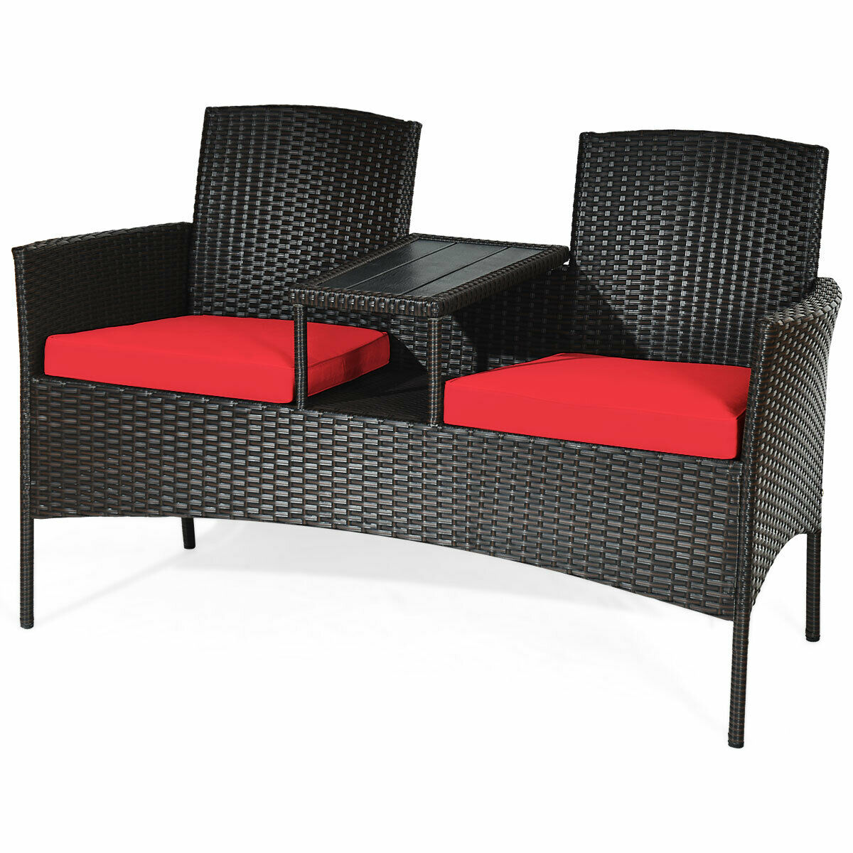 2-Seater Rattan Chair with Coffee Table and Removable Cushion-Red
