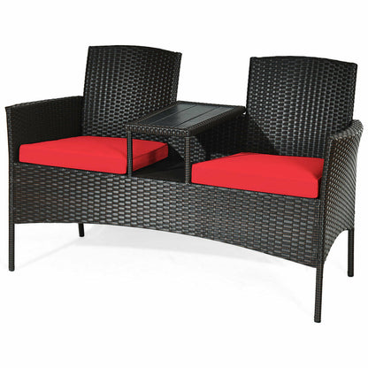 2-Seater Rattan Chair with Coffee Table and Removable Cushion-Red