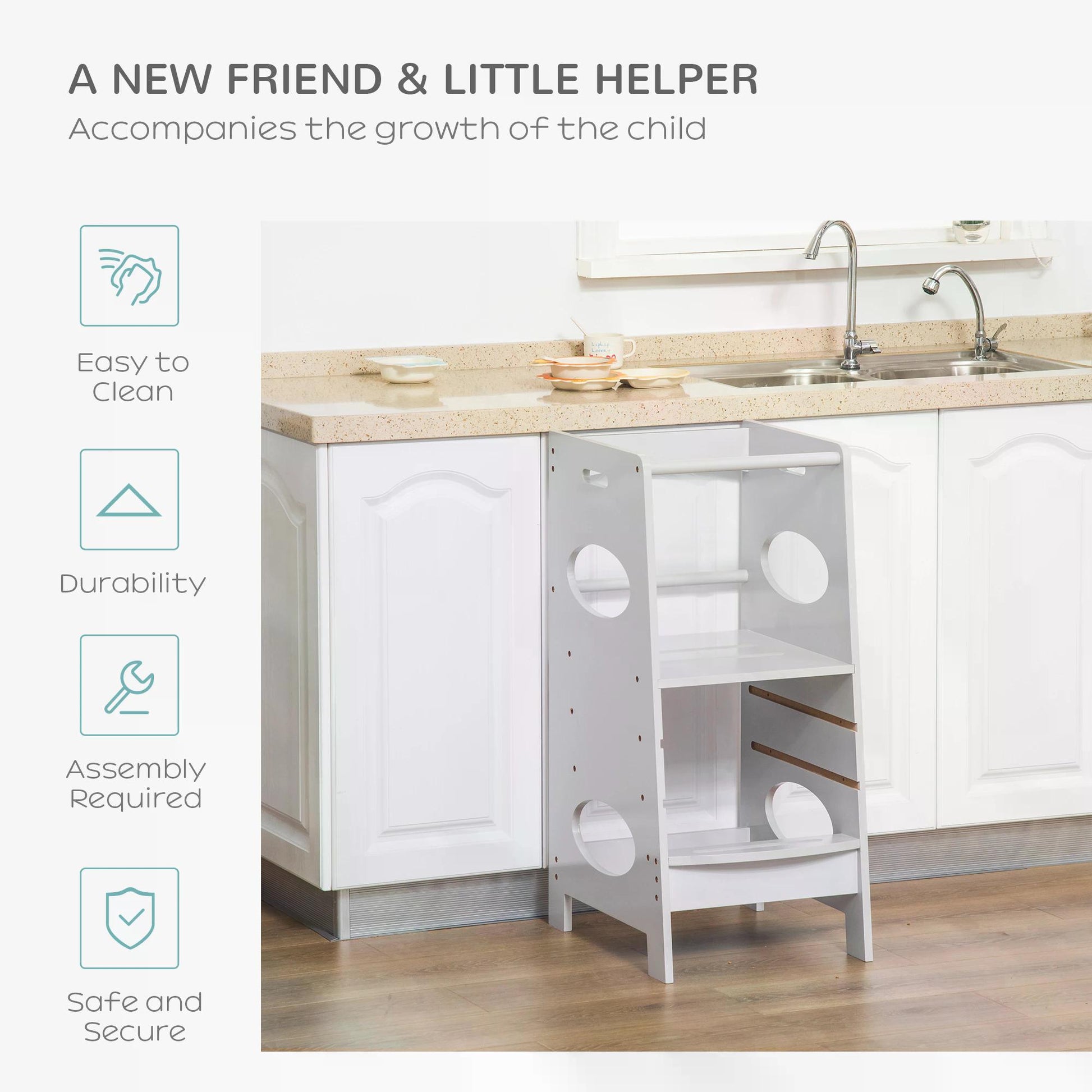 HOMCOM Toddler Step Stool Kids Adjustable Standing Tower with Safety Rail for Kitchen Counter Grey