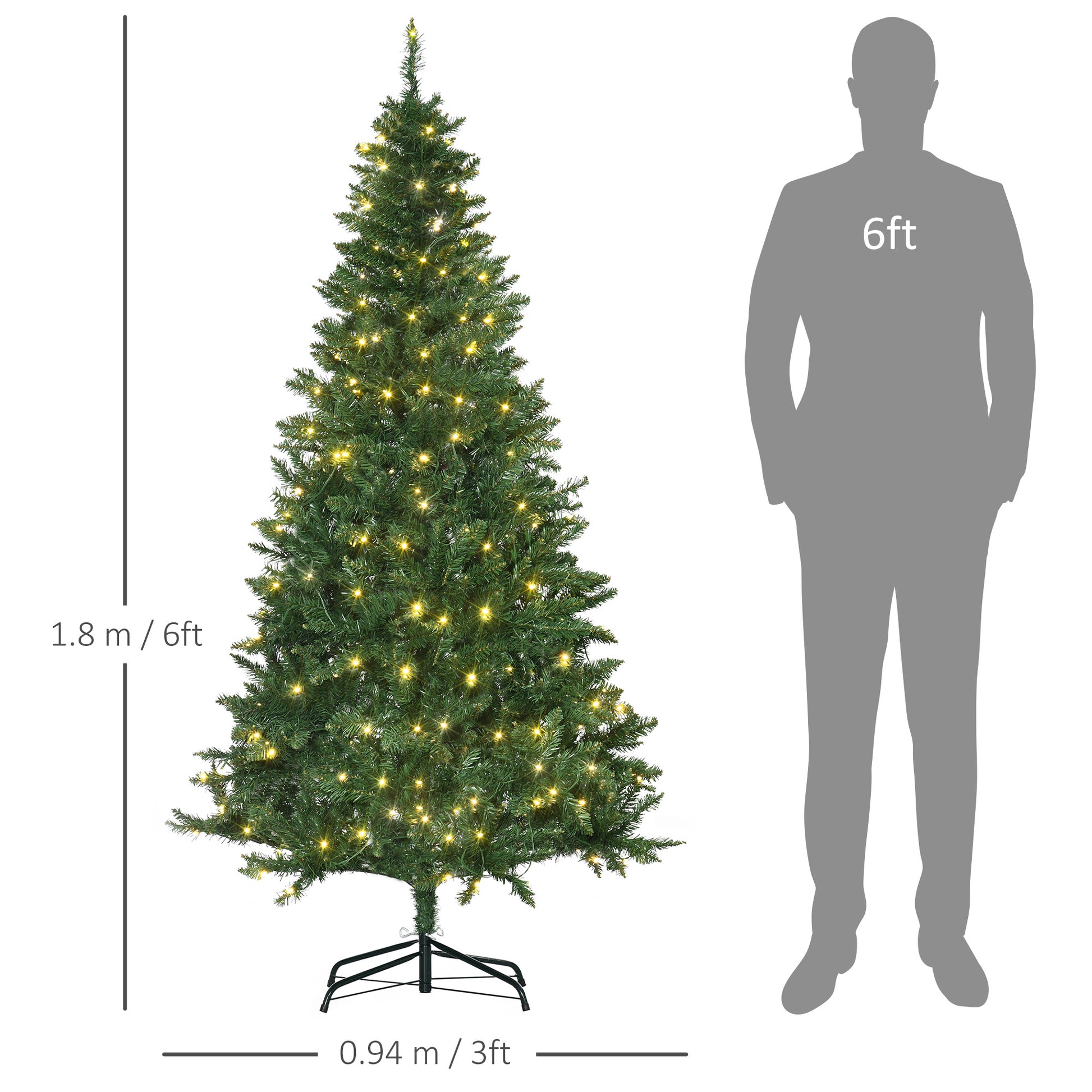 HOMCOM 6ft Prelit Christmas Tree Artificial Tree Warm White LED Light Holiday Home Xmas Decoration, Green