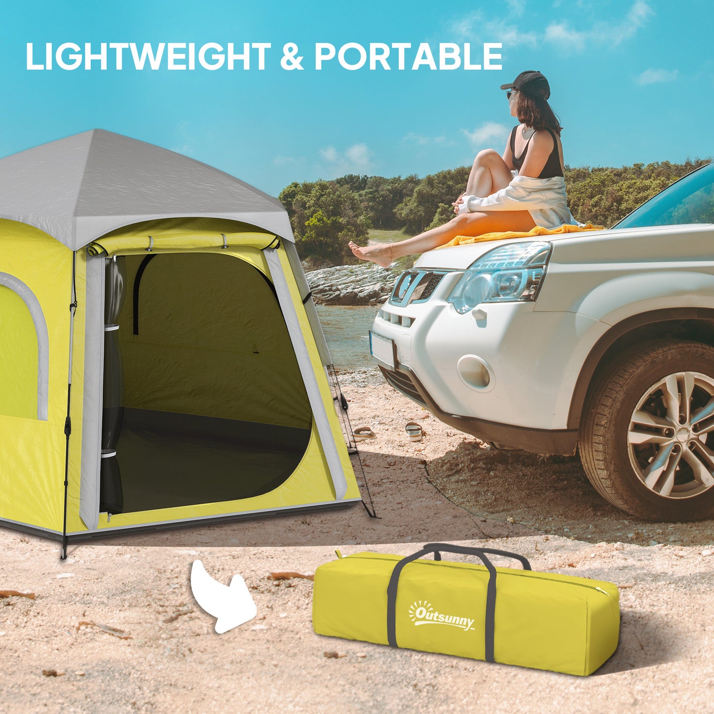 Outsunny Instant Camping Tent, 2/3/4 Person Easy Setup Dome Family Tent with Vestibule, Rainfly, 4 Mesh Windows & 2 Doors, Hexagonal Design, Waterproof & UV Protected, Yellow Green