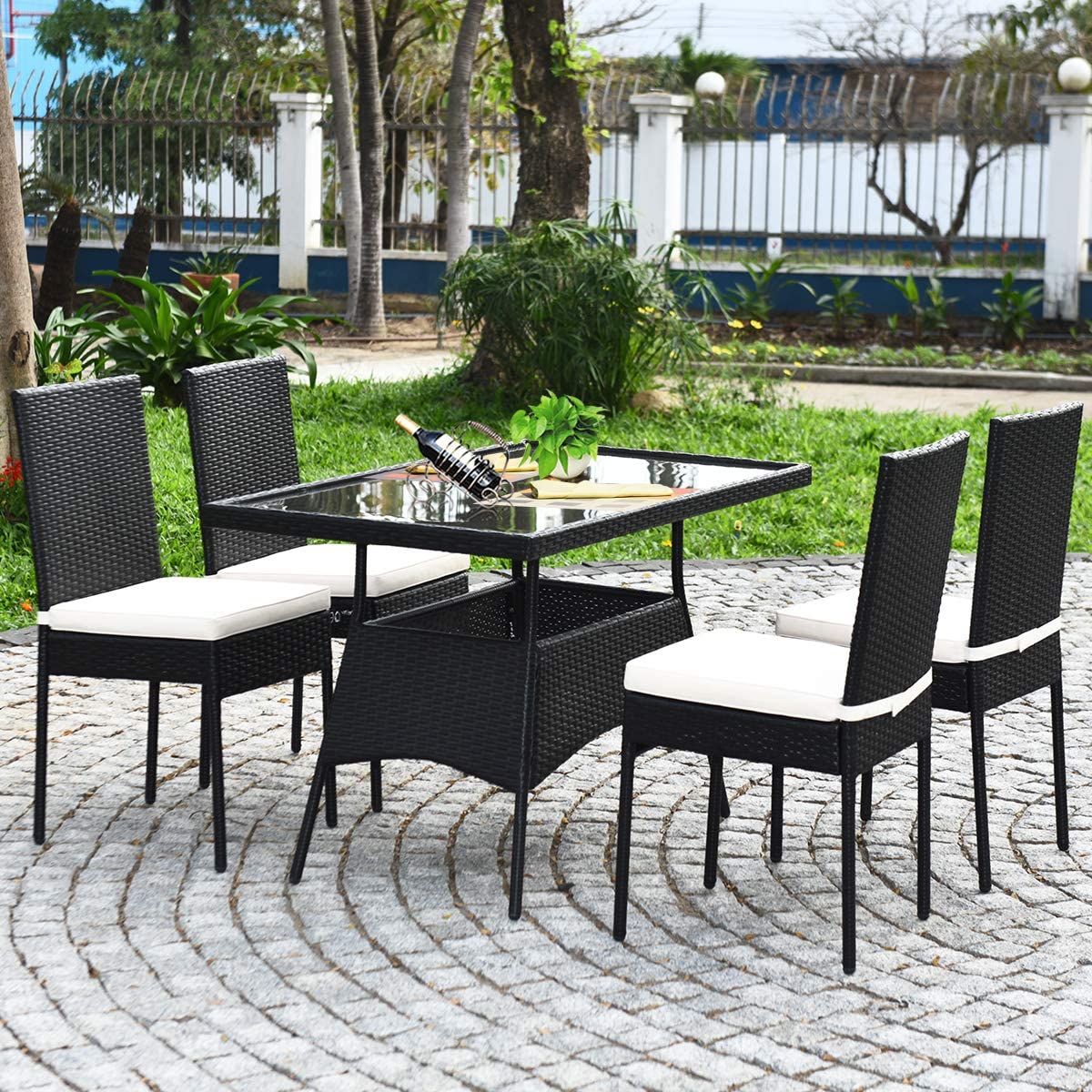5-Piece Patio Rattan Dining Set  with Tempered Glass Top and Removable Cushions