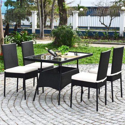 5-Piece Patio Rattan Dining Set  with Tempered Glass Top and Removable Cushions