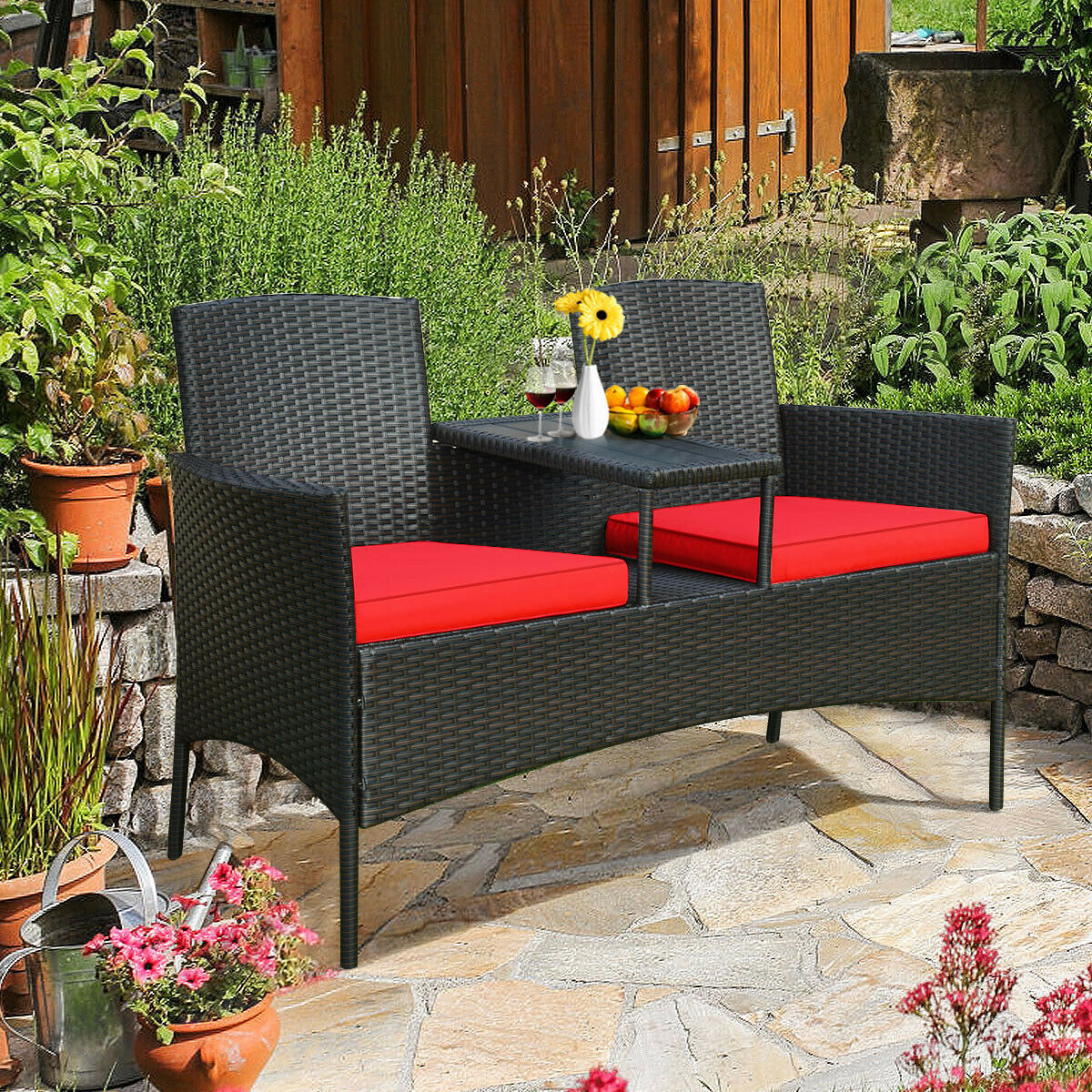 2-Seater Rattan Chair with Coffee Table and Removable Cushion-Red
