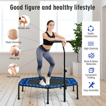 Folding Fitness Trampoline Adults/ Kids with Adjustable Handrail-Blue