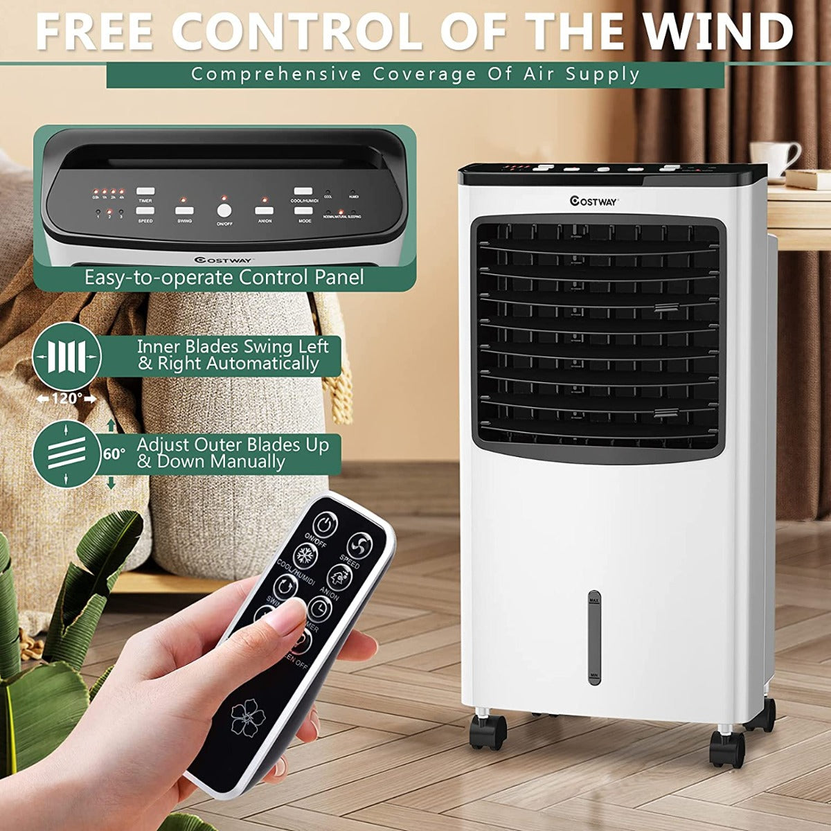 3-in-1 Portable Evaporative Air Cooler with Remote Control