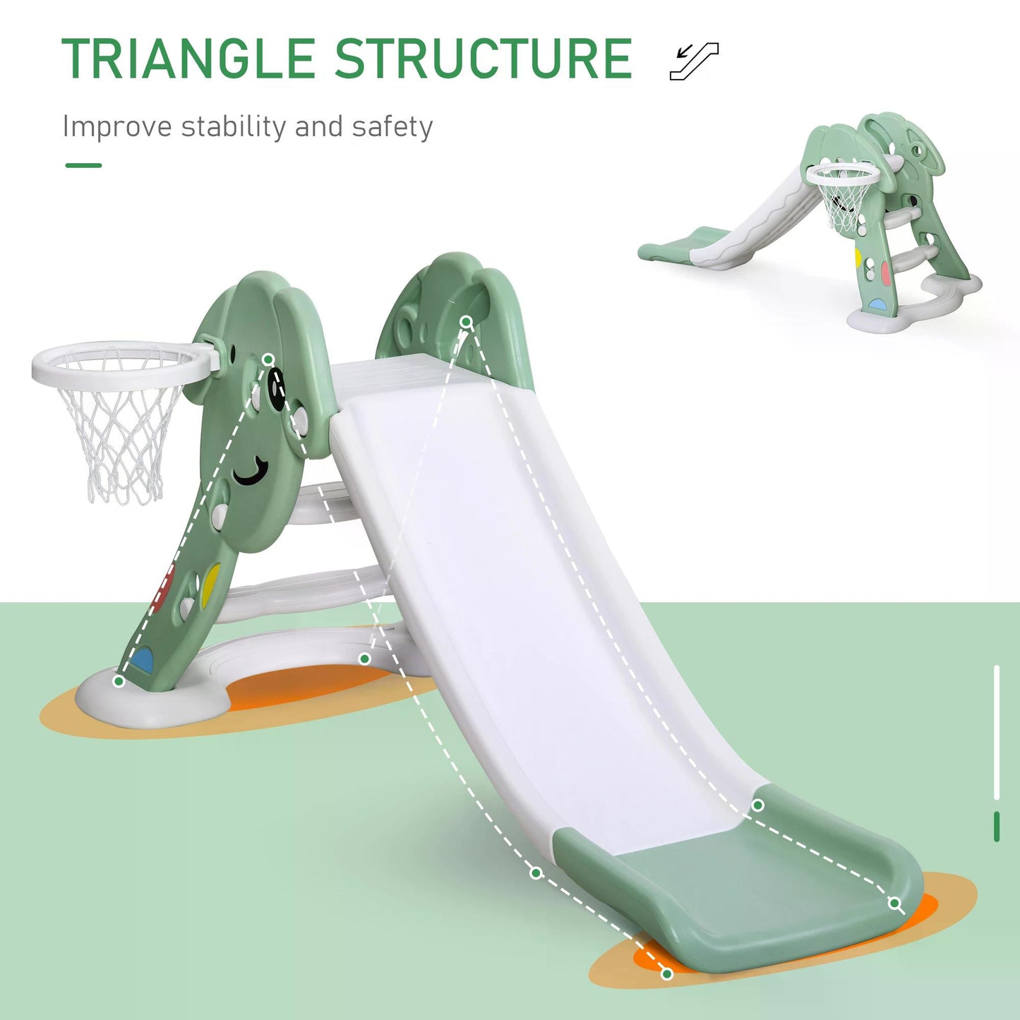 HOMCOM Kids Slide with Basketball Hoop Toddler Climber Freestanding Slider Playset Playground Slipping Slide for 2-6 Years Old Green