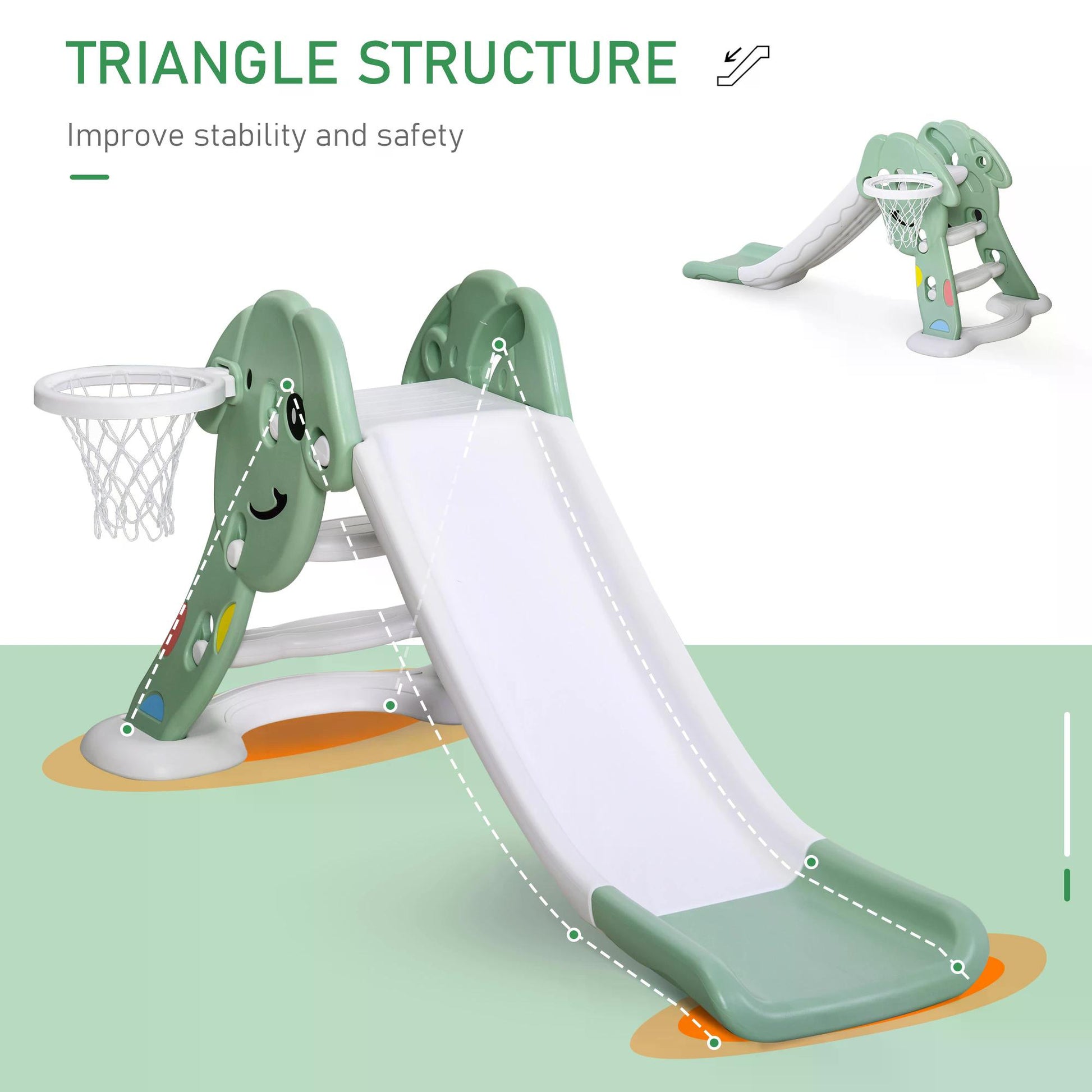 HOMCOM Kids Slide with Basketball Hoop Toddler Climber Freestanding Slider Playset Playground Slipping Slide for 2-6 Years Old Green