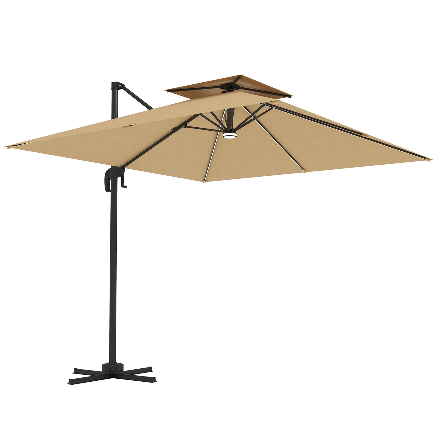 Outsunny 2.5m Cantilever Parasol with Solar Powered LED Lights, 360° Rotation, Tilt Adjustment, Crank Handle, Khaki