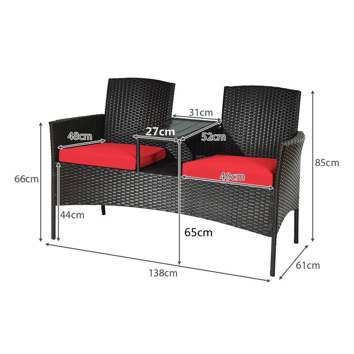 2-Seater Rattan Chair with Coffee Table and Removable Cushion-Red