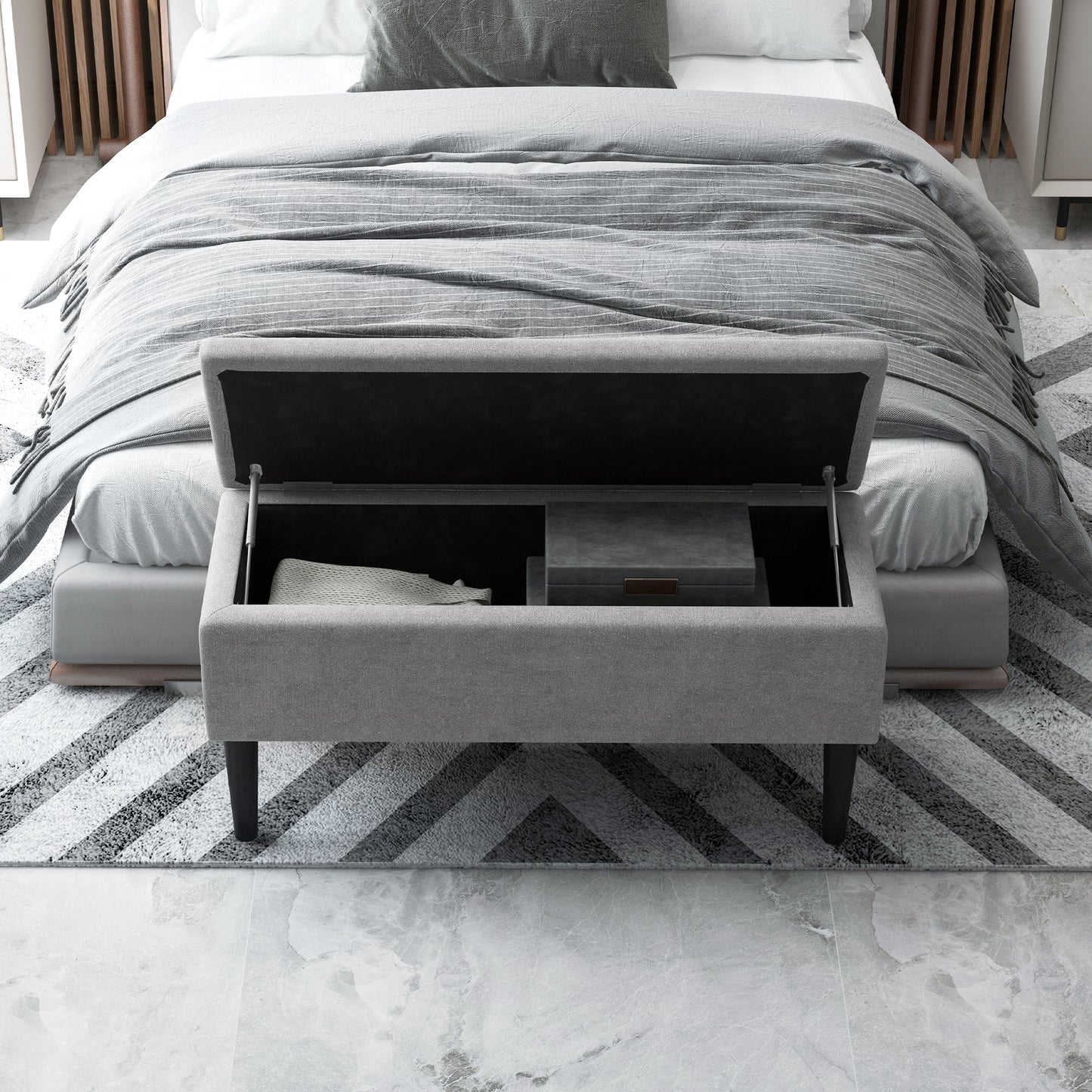 HOMCOM 15" Modern Ottoman Storage Box with Wooden Legs, 47L Storage Ottoman Holds up to 120KG, for Living Room, Bedroom, Grey