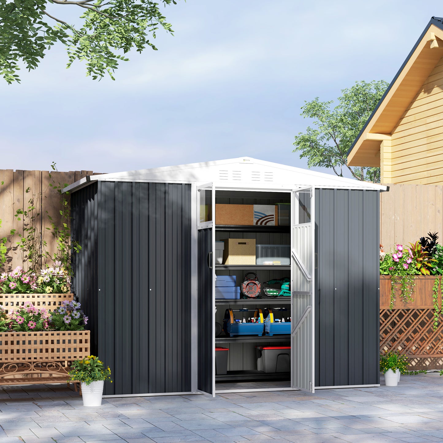 Outsunny 8 x 4 ft Metal Garden Shed, Garden Storage Shed with Window, 4 Vents and Lockable Door, Waterproof Galvanised Steel Tool Storage Shed, Dark Grey