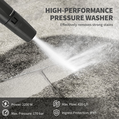Outsunny 2200W High Pressure Washer, 170 Bar Pressure, 420 L/h Flow, Portable Electric Power Washer Jet Wash Cleaner with Adjustable Nozzle 6M Hose and Hose Reel for Home Patio Car Driveway