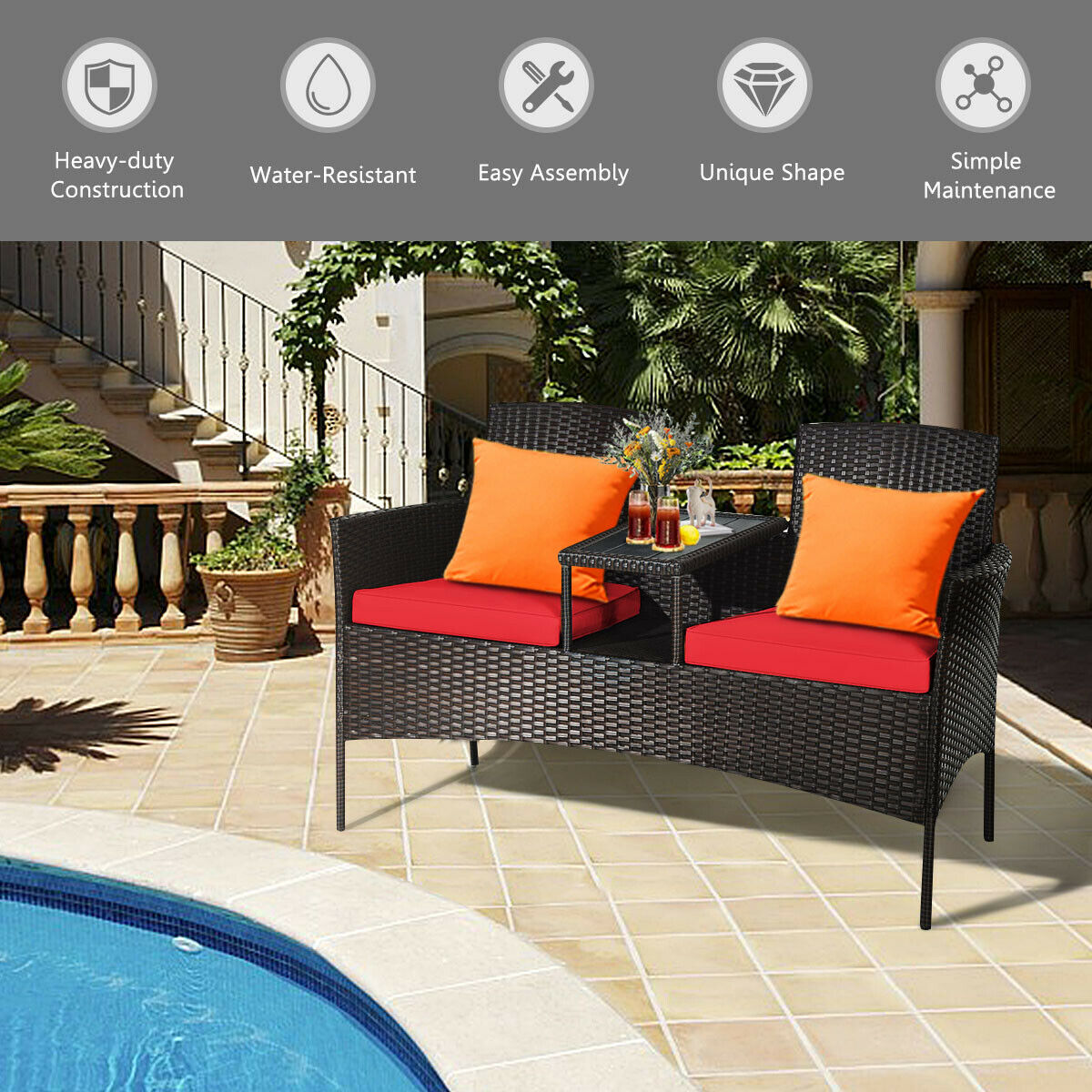 2-Seater Rattan Chair with Coffee Table and Removable Cushion-Red