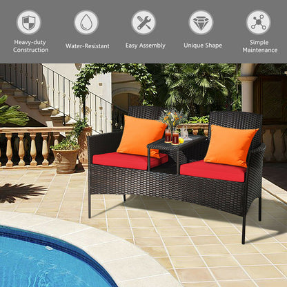 2-Seater Rattan Chair with Coffee Table and Removable Cushion-Red