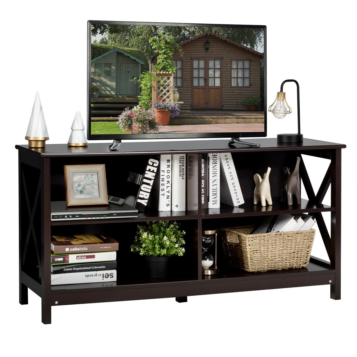 Wooden TV Stand Table with 3-Tier Shelf-Deep Brown