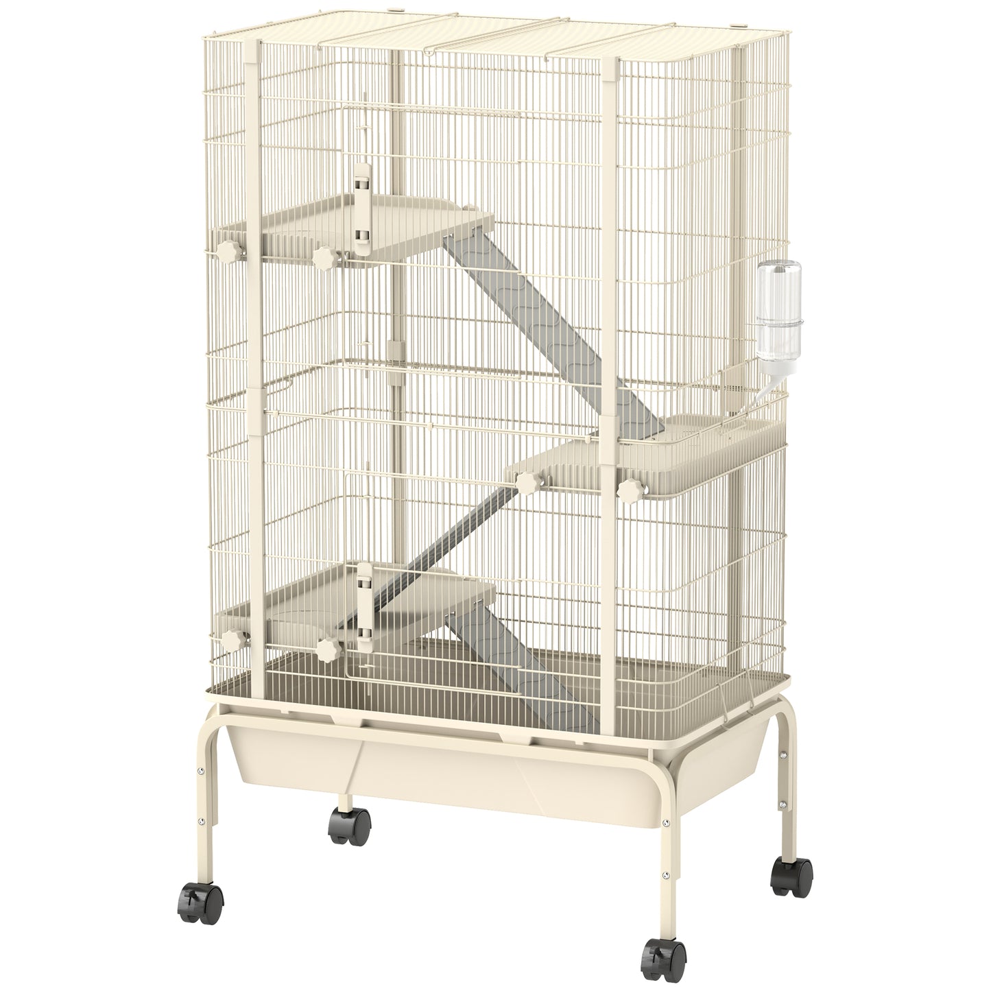 PawHut 4-Level Rolling Small Animal Cage, Rabbit Cage with 3 Ramps, Water Bottle, Food Dish, 15cm Deep Tray, Beige