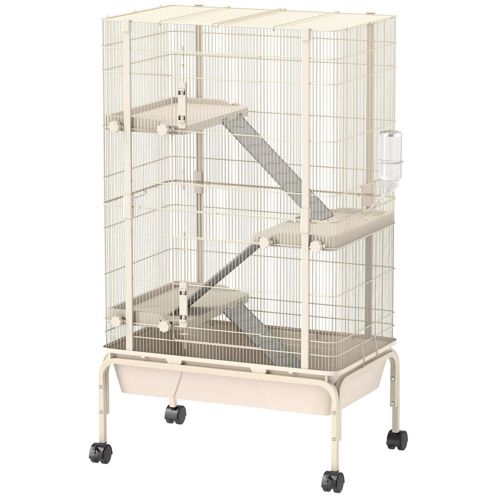 PawHut 4-Level Rolling Small Animal Cage, Rabbit Cage with 3 Ramps, Water Bottle, Food Dish, 15cm Deep Tray, Beige
