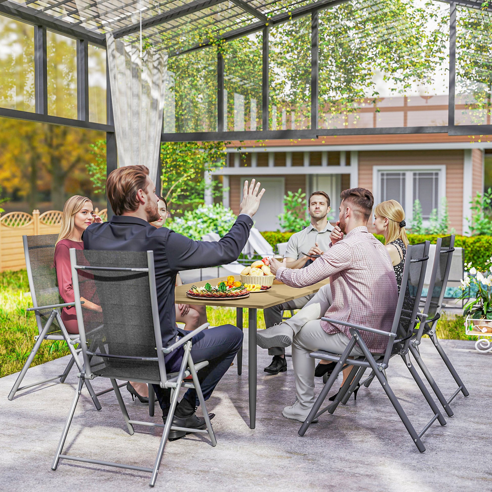 Outsunny Garden Dining Table for 6 Person, Rectangle Outdoor Coffee Table with 5 cm Parasol Hole, Slatted Tabletop and Steel Frame for Patio Balcony, Brown