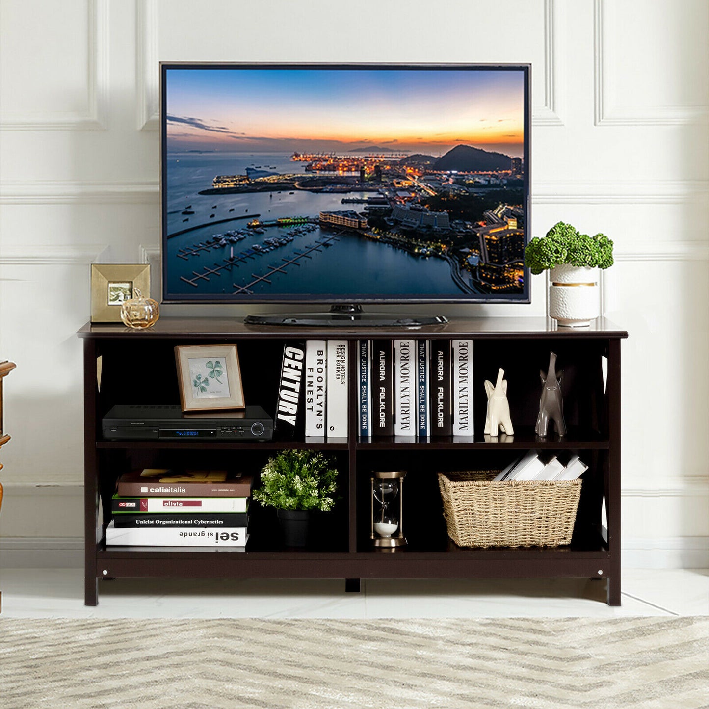Wooden TV Stand Table with 3-Tier Shelf-Deep Brown