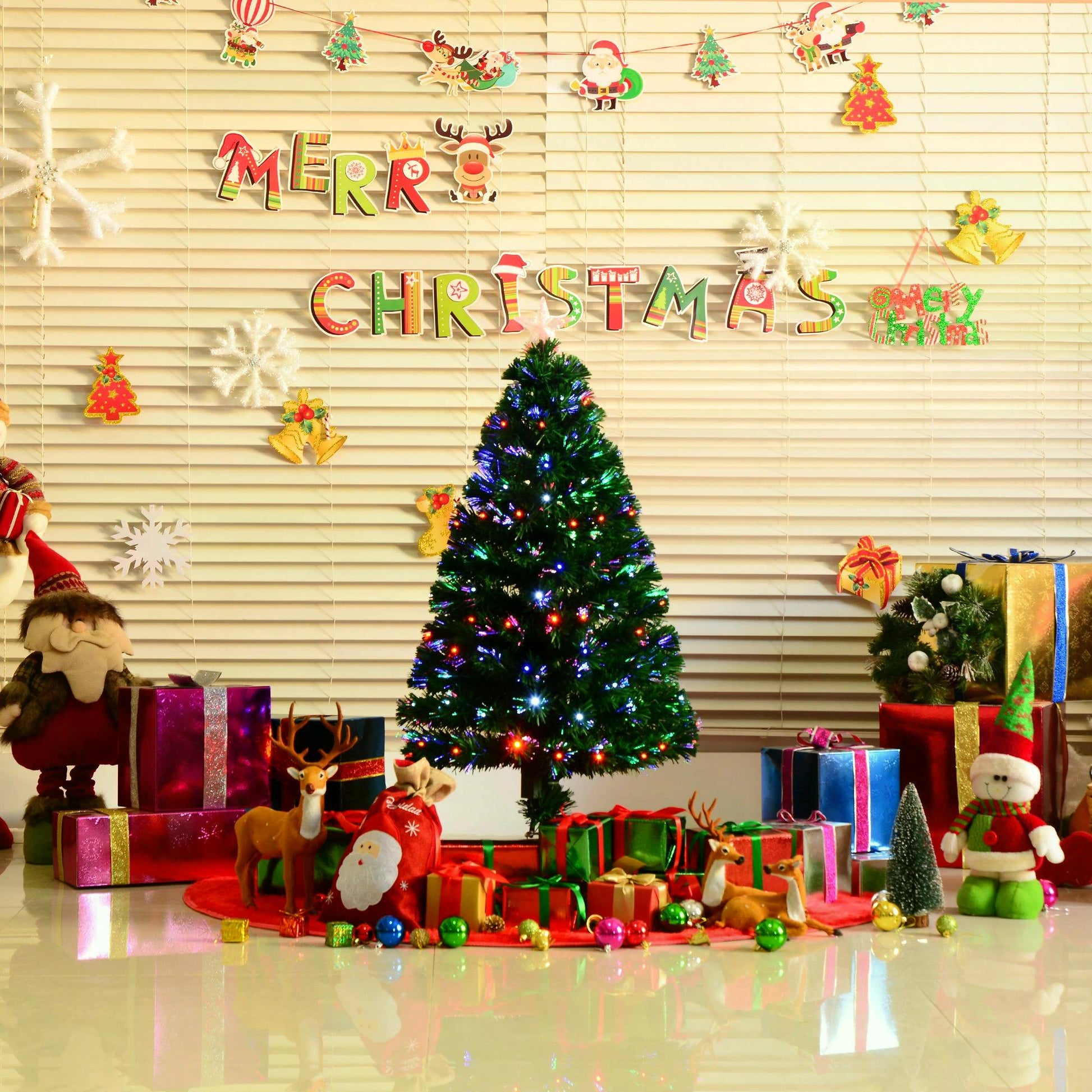 HOMCOM 4ft Pre Lit Christmas Tree Artificial Tree with Multi-Coloured Fiber Optic LED Light(4ft (120cm))