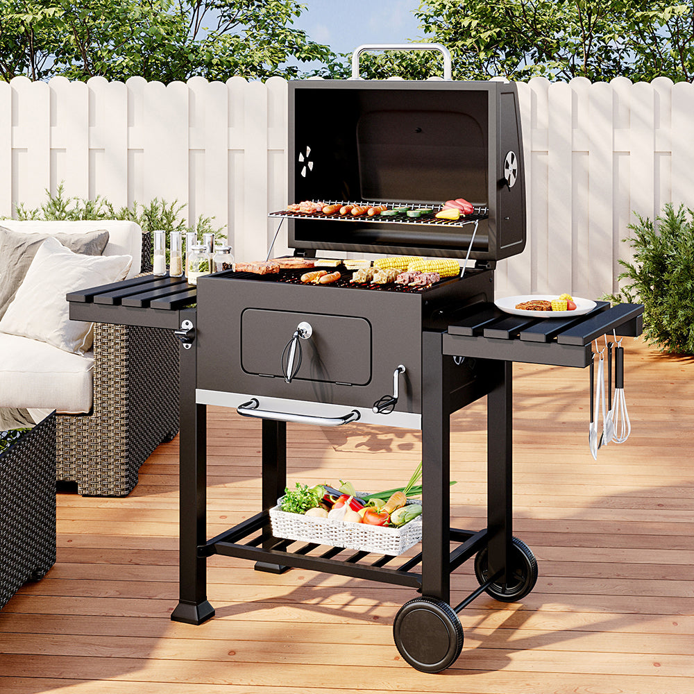 Mobile 2-layer Charcoal Grill BBQ Cooker with Side Shelves