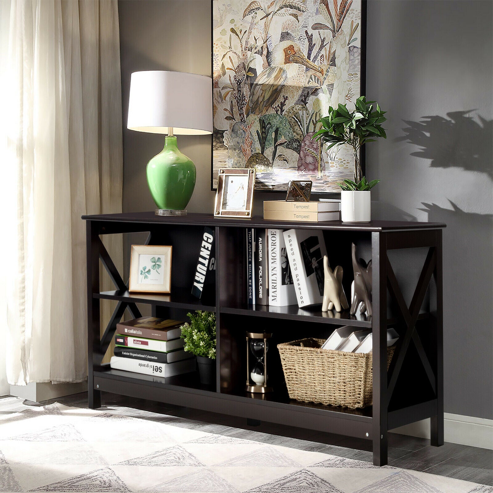 Wooden TV Stand Table with 3-Tier Shelf-Deep Brown