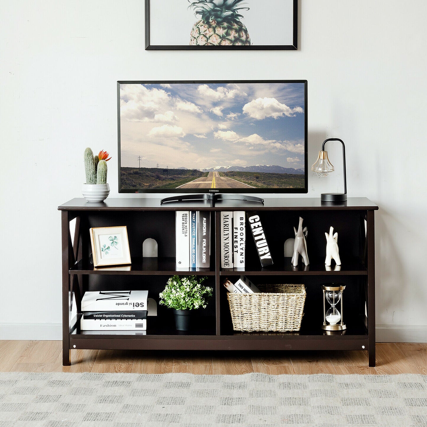 Wooden TV Stand Table with 3-Tier Shelf-Deep Brown