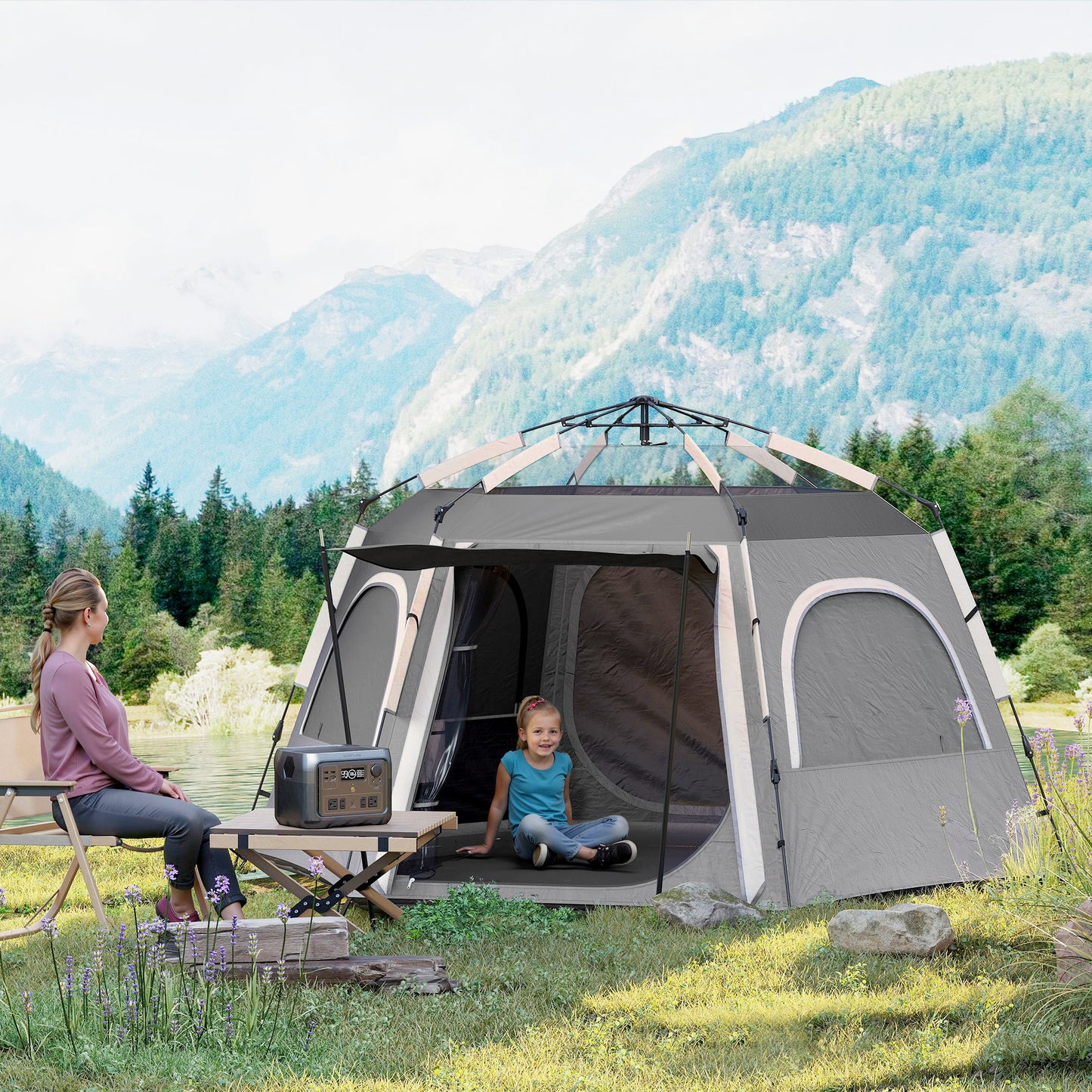 Outsunny Instant Camping Tent, 2/3/4 Person Easy Setup Dome Family Tent with Vestibule, Rainfly, 4 Mesh Windows & 2 Doors, Hexagonal Design, Waterproof & UV Protected, Dark Grey
